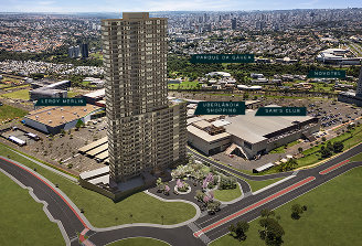 Vista aérea do entorno do Etéra Work, com Leroy Merlin, Parque da Gávea, Uberlândia Shopping, Sam's Club e Novotel identificados